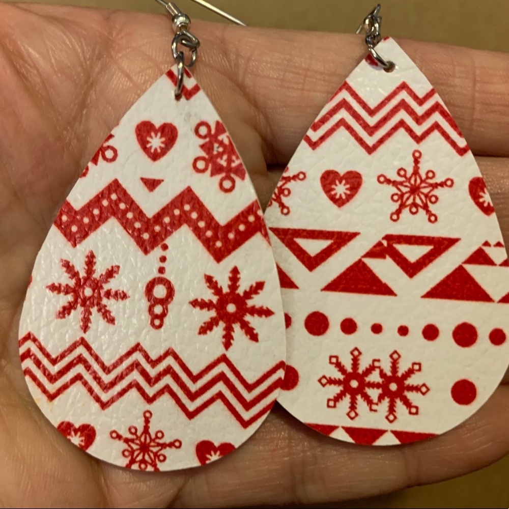 Red and White Faux Leather Christmas Drop Earrings